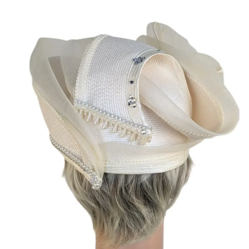 VTG 50s Fascinator Hat MCM Ivory Upsweep Woven Rhinestone Pearl Church Derby